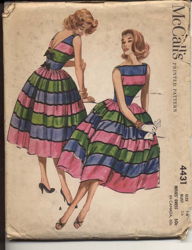 McCalls 4431 Misses 1950's Dress Pattern Full Skirt Bateau Neck Sleeveless V Back with Bow Trim Womens Vintage Sewing Pattern Bust 36 UNCUT