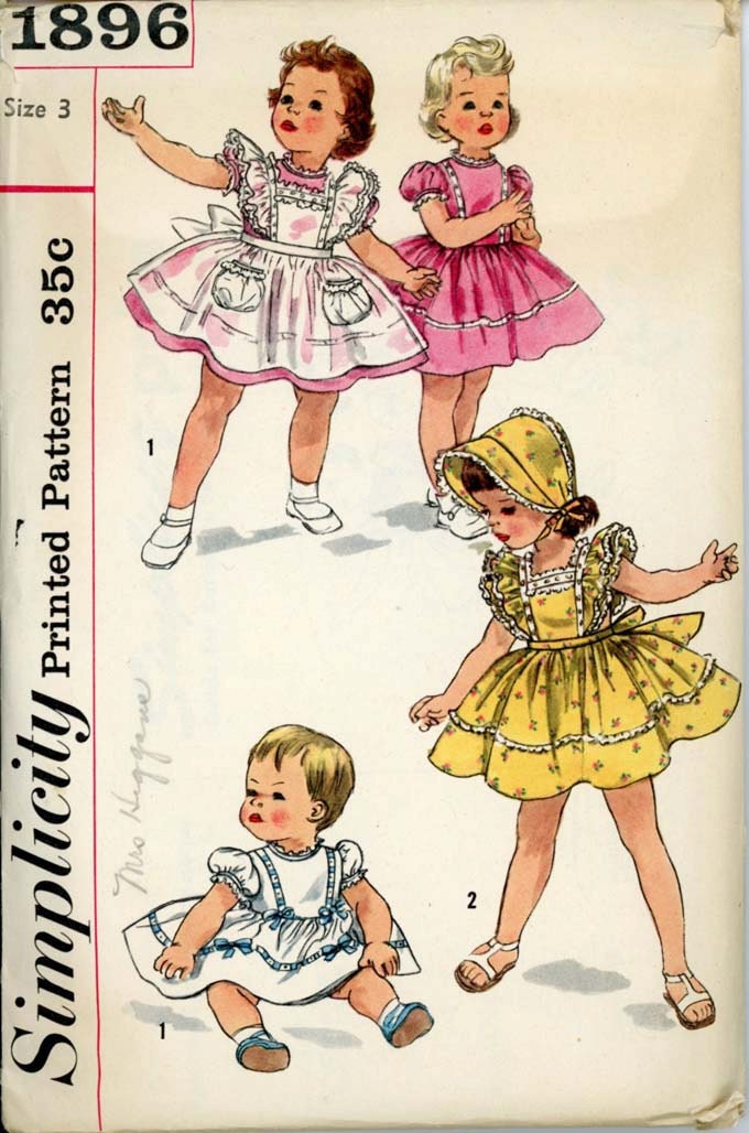 Simplicity 1896 Toddlers 1950s Pinafore Sundress Pattern and Bonnet Full Skirt Sash Ruffles Childrens Vintage Sewing Pattern Breast 22 UNCUT