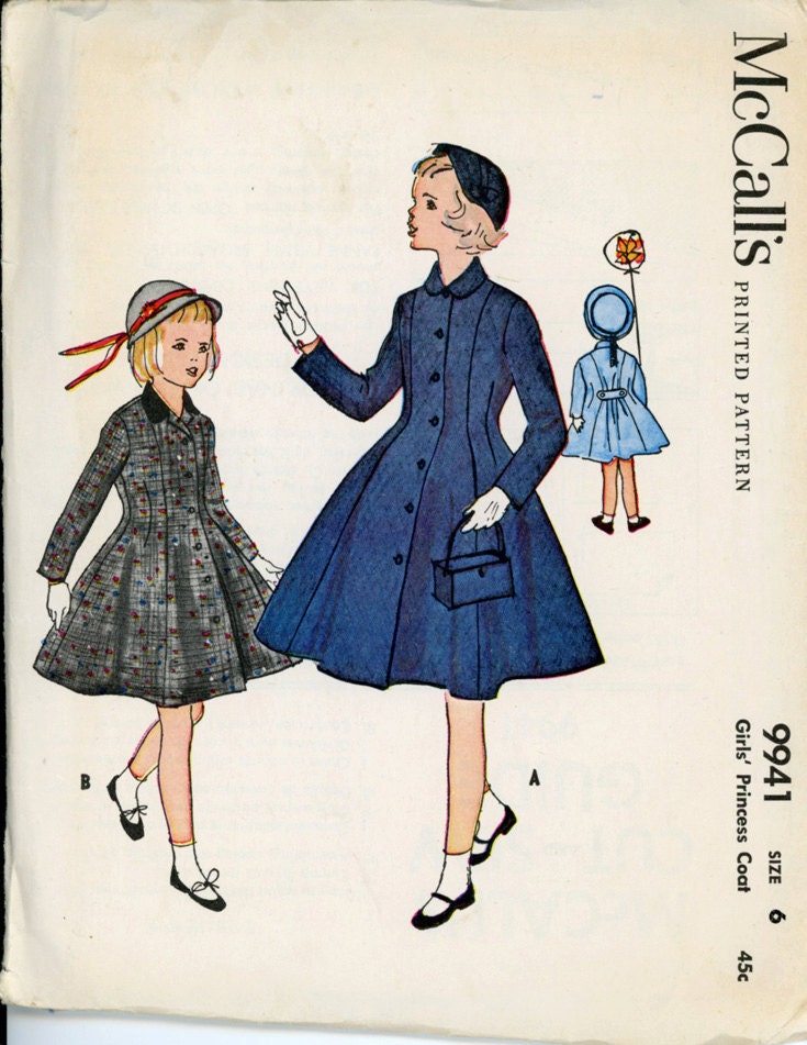 McCalls 9941 Girls 1950s Princess Coat Pattern with Peter Pan Collar Back Button Tab Belt Childrens Vintage Sewing Pattern Breast 24 UNCUT