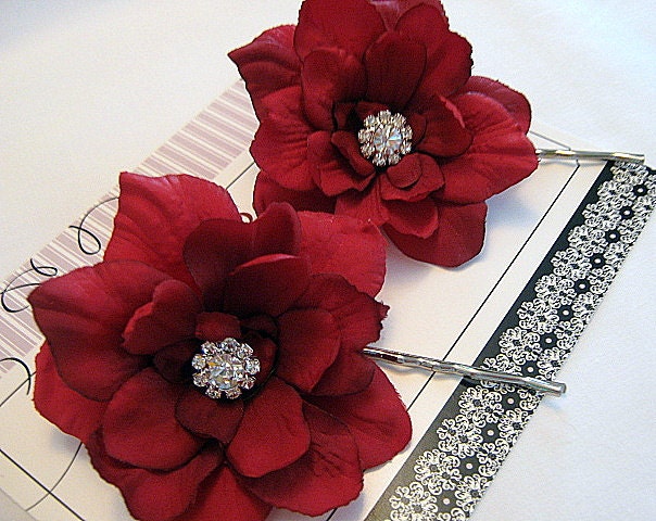 Dainty Red Flower Crystal Hair Pins, Set of 2