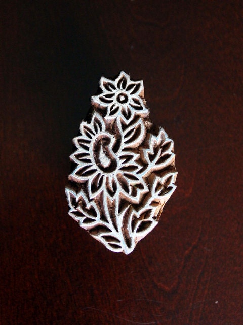 Hand Carved Indian Wood Textile Stamp Block-  Paisley/Flower Motif