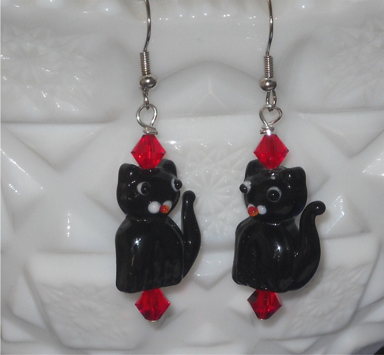 Black Cat Earrings with Red Swarovski Crystals Lampwork Bead Earrings