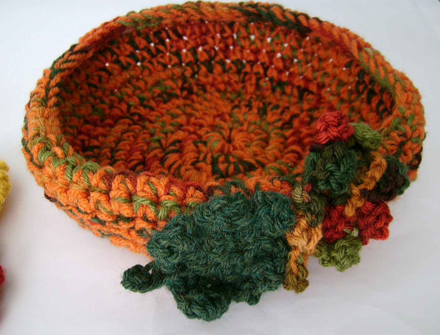 Orange and Green Crochet Bowl with Decor Leaves for Home Decoration