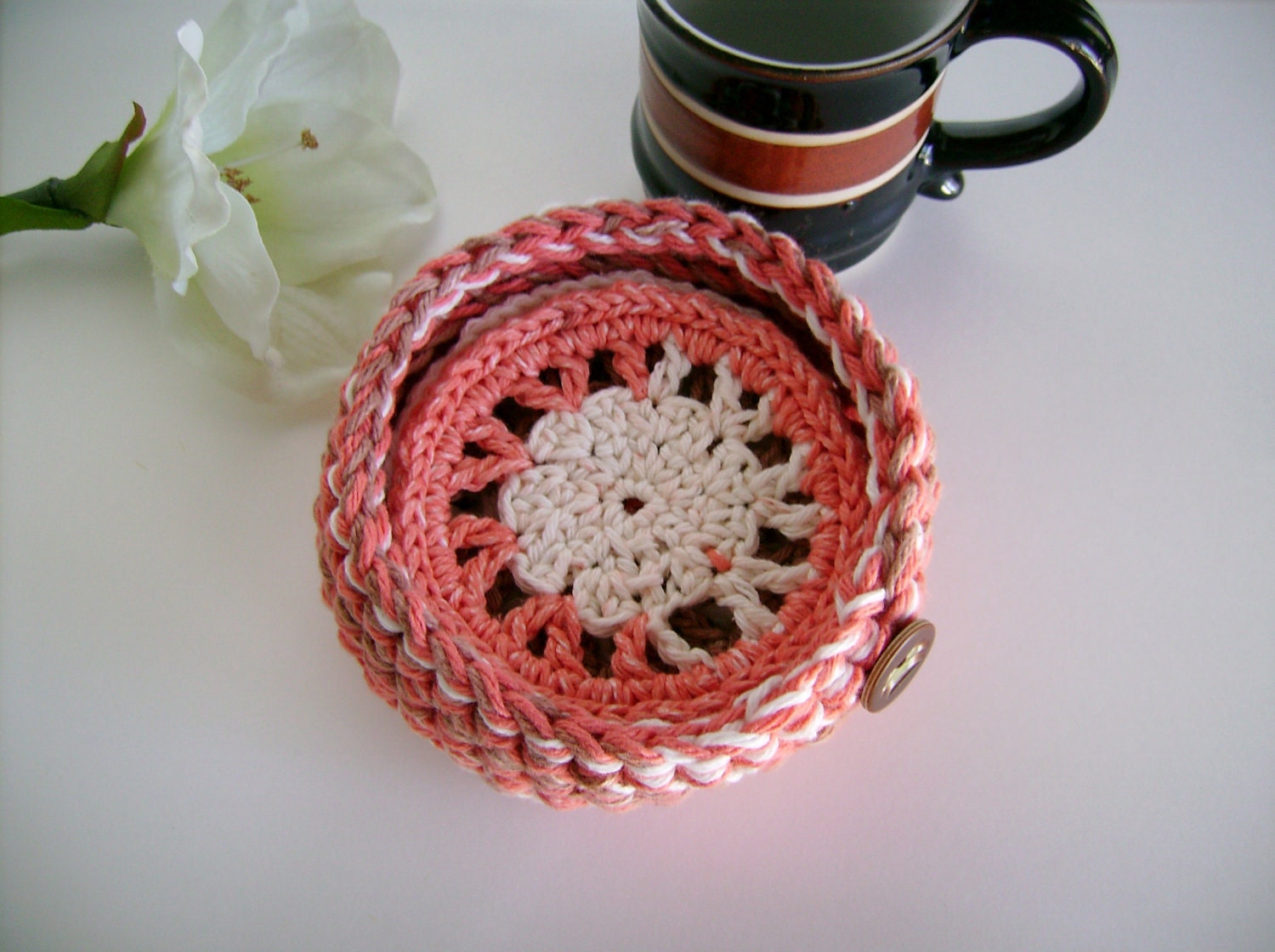 Crocheted Coaster and Bowl Set in Tangerine Cotton