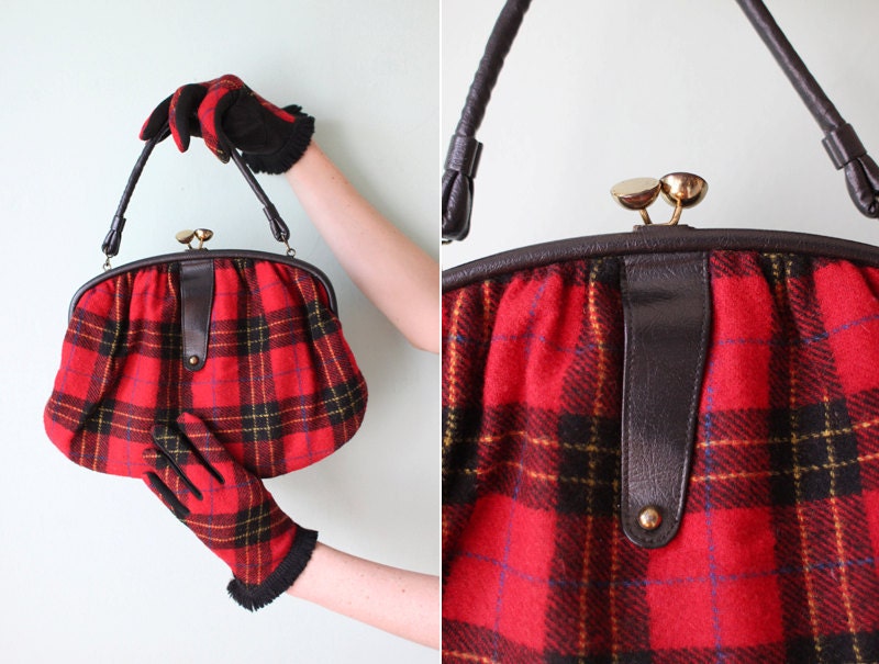 vintage 1950's red & black plaid wool handbag with matching gloves