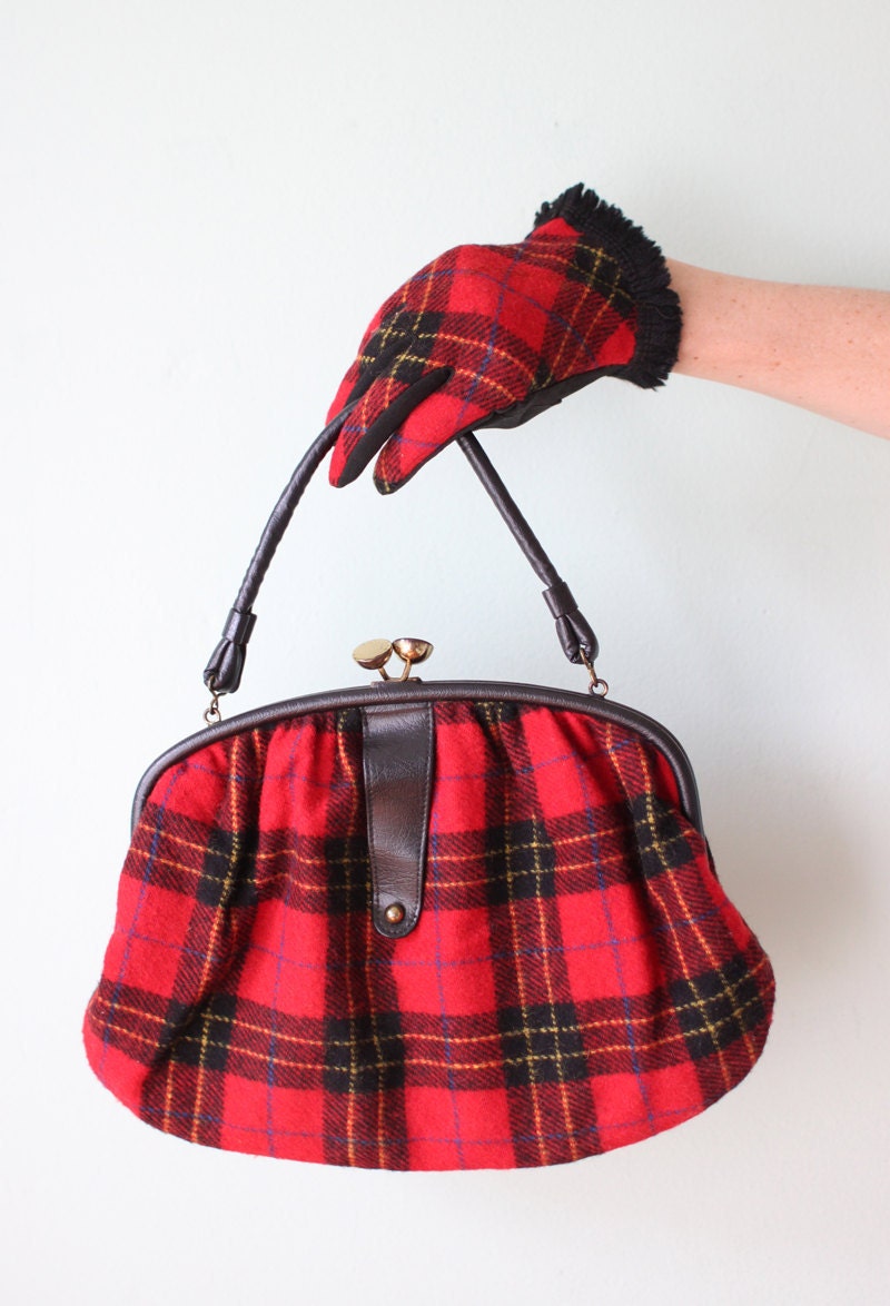 vintage 1950's red & black plaid wool handbag with matching gloves