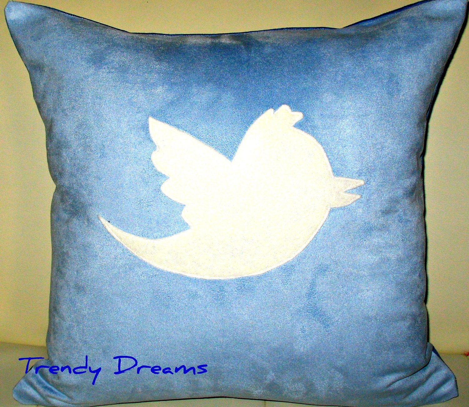 Free US shipping Unique Designer 16x16 Faux Suede Light and Dark Blue Pillow Cover with  Twitter Bird Icon  Applique