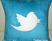Free US shipping Unique Designer 16x16 Faux Suede Turquoise Pillow Cover with  Twitter Bird Icon  Applique