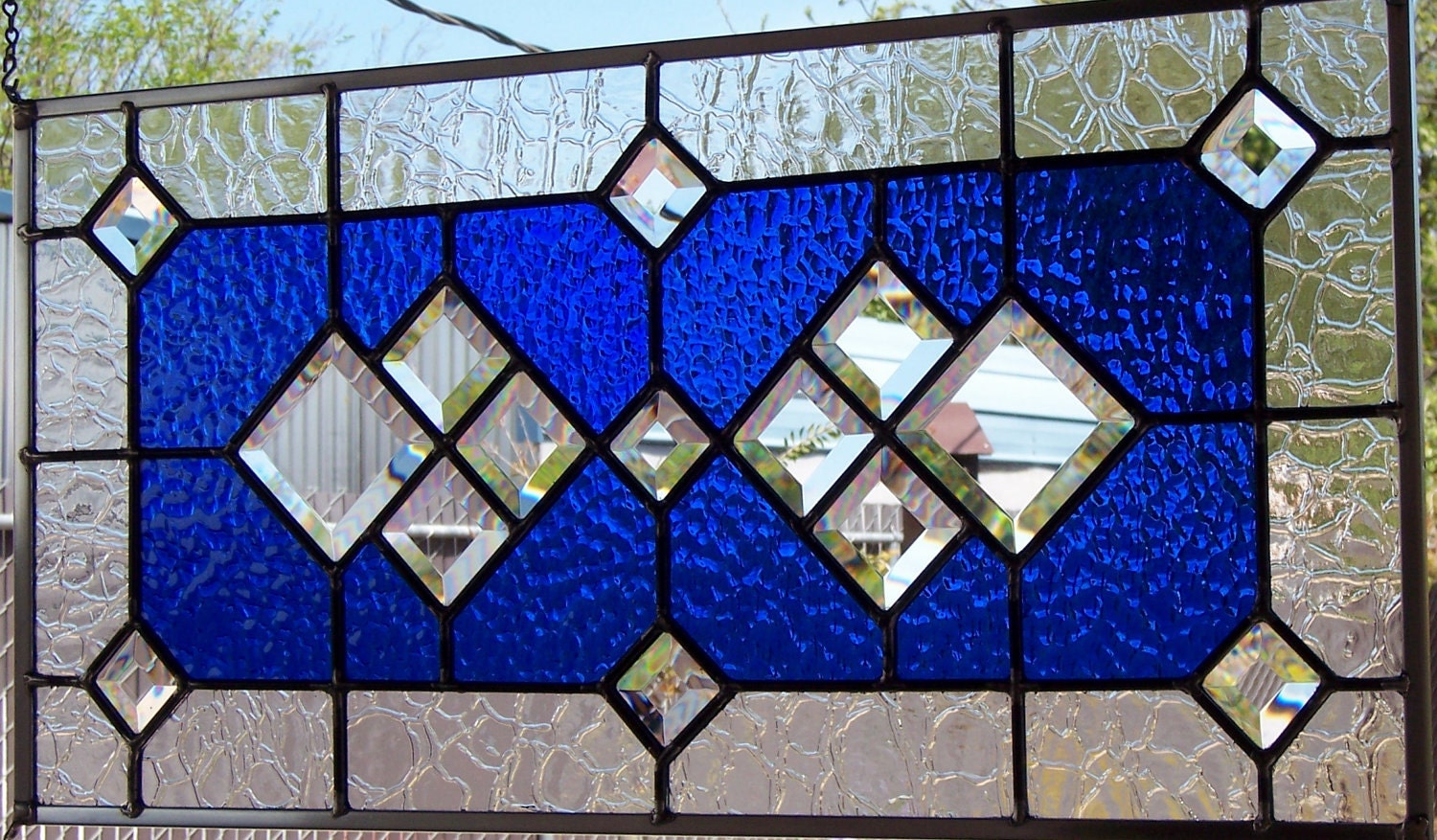 Royal Blue and Bevels Stained Glass Window