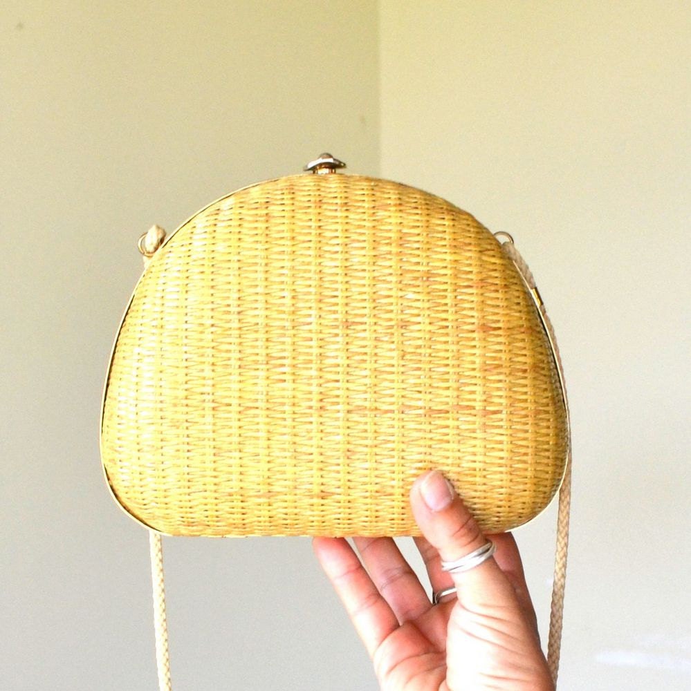 Vintage 60s Italian Straw Purse Golden Hard Shell