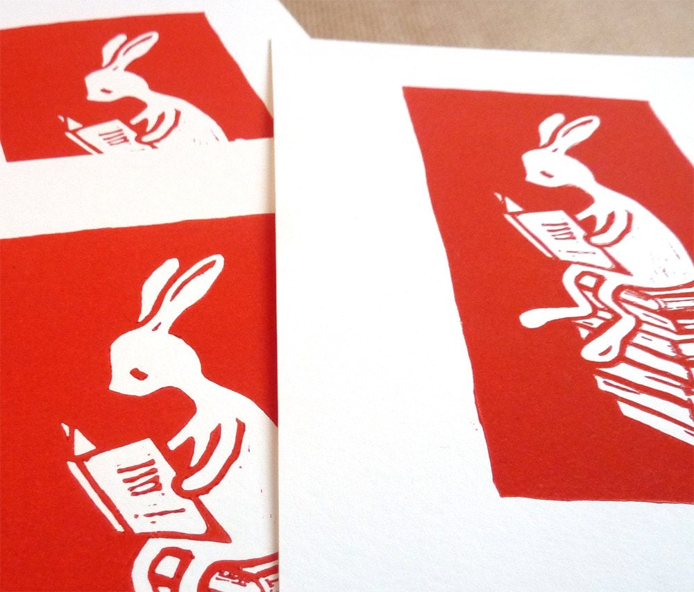 Reading a book - original linocut art print - nursery gift - handcarved and handprinted