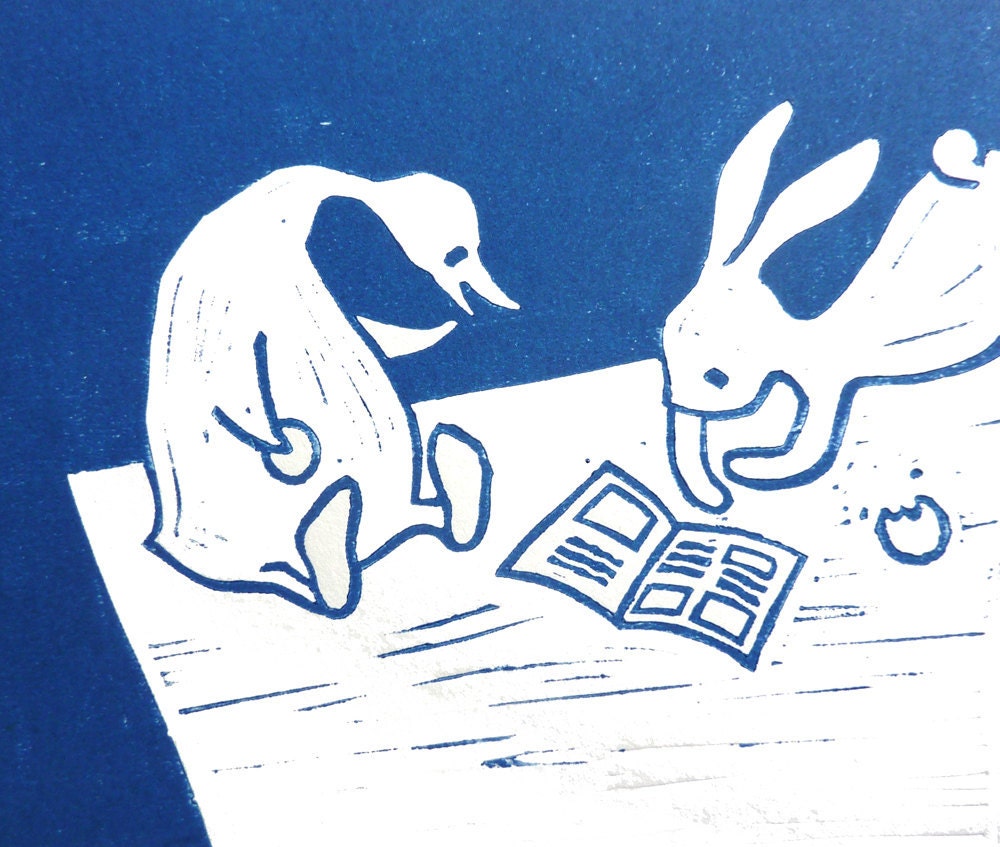 rabbit and duck reading - original linocut art print - nursery gift - handcarved and handprinted