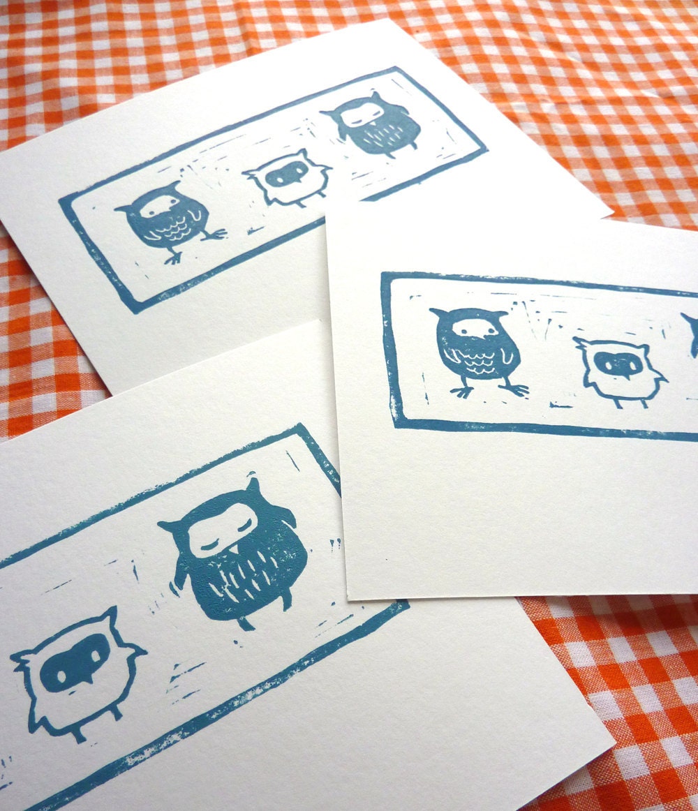 Three owls print -original linocut art print - nursery gift - handcarved and handprinted