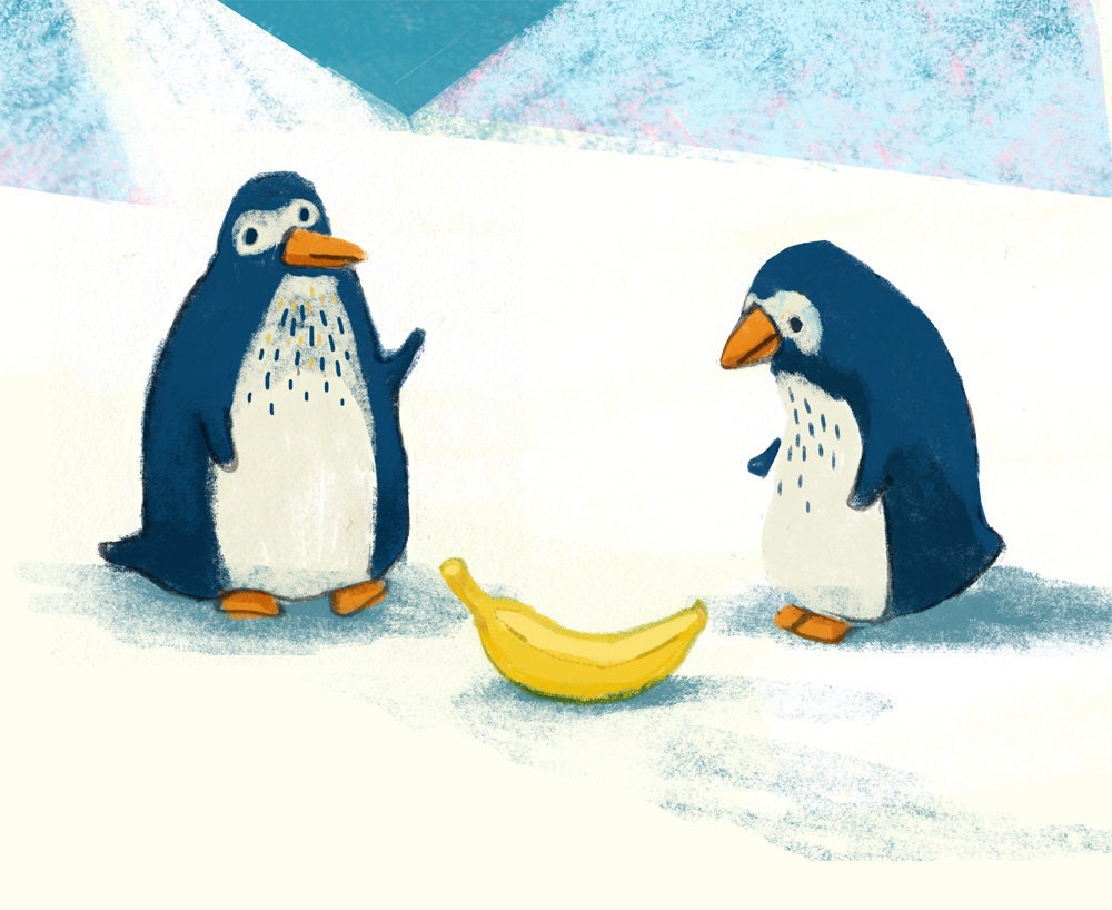 Penguins and banana pencil-sketch digitally coloured - Print
