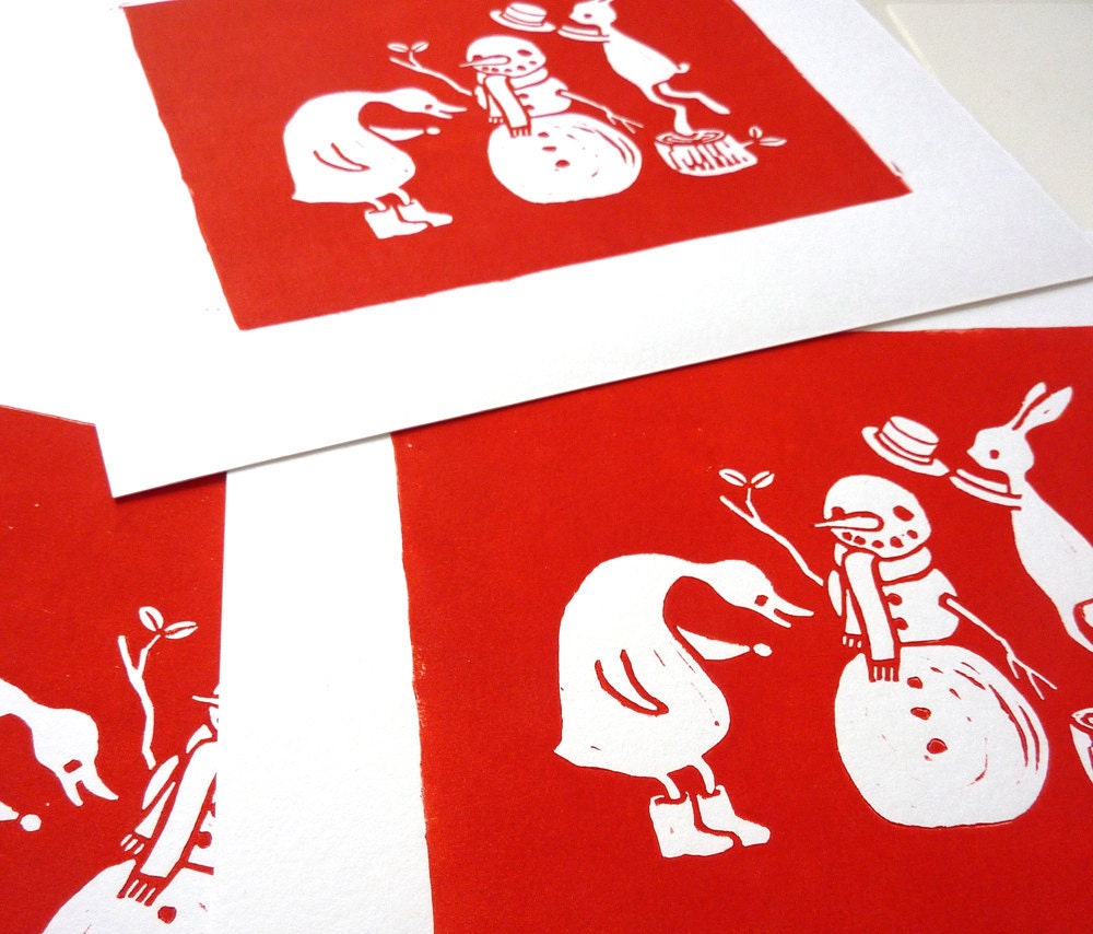 Rabbit and duck building a snowman - original linocut art print - nursery gift - handcarved and handprinted