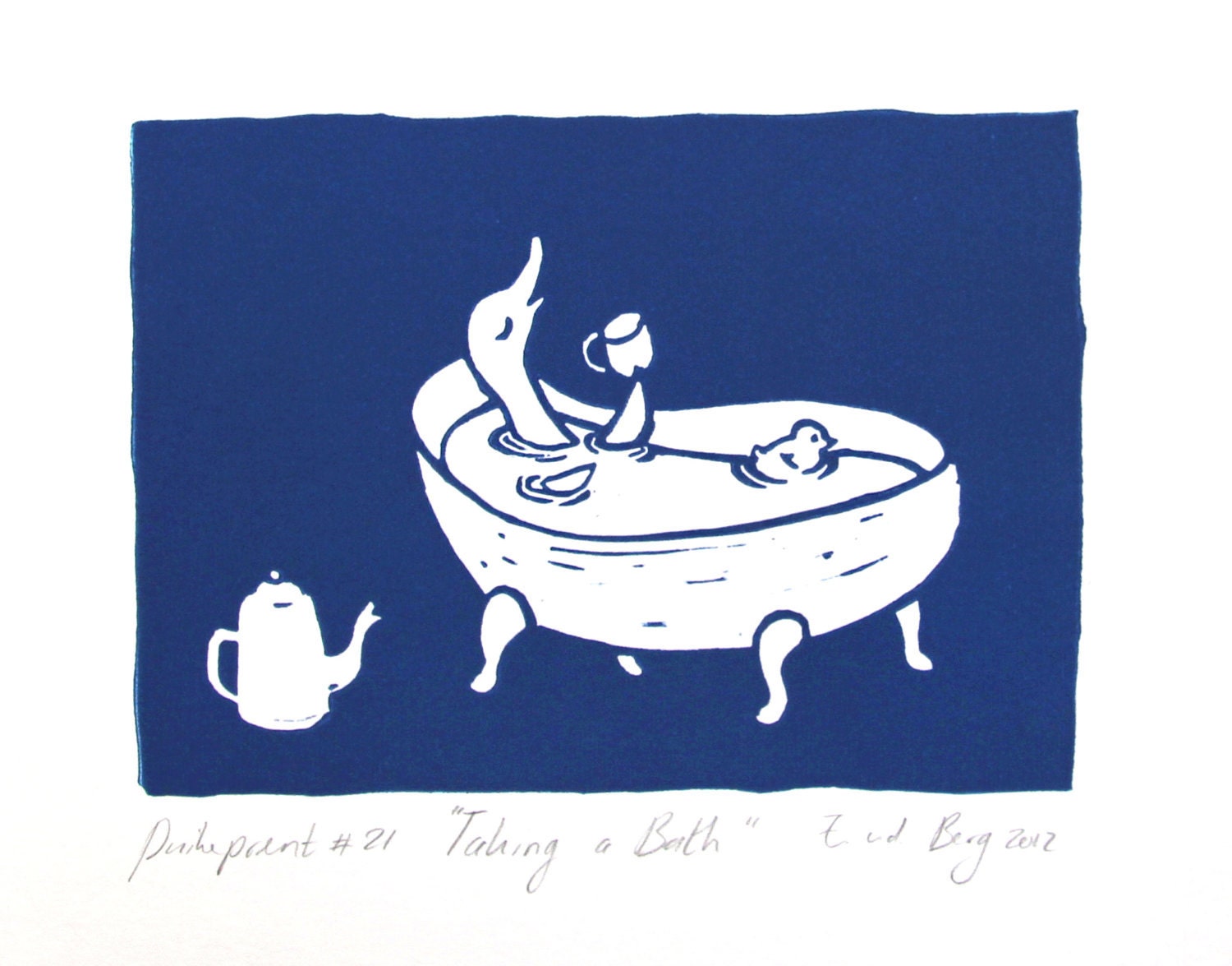 Duck taking a bath - original linocut art print - nursery gift