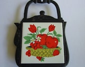 Vintage Ceramic Tile Cast Iron Teapot Trivet of Fruit & Flowers in Basket.