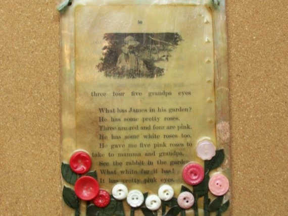 SEE the RABBIT in the GARDEN- natural beeswax encaustic collage with vintage button flowers and antique child's reader page