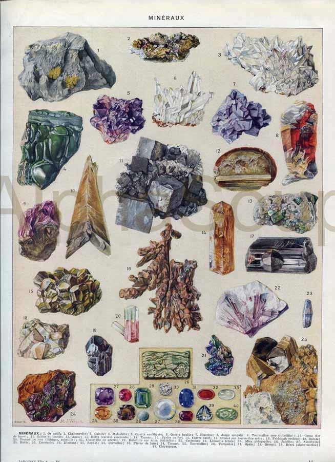 Minerals Agate Amethst Diamond French 1920's Original Antique Color Print
