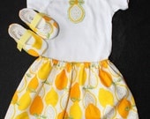Lemonaid, Yellow, Orange, Lemon, Citrus, Lime, Complete Coordinating Baby Girl Romper, Onesie, Skirt, Shoes