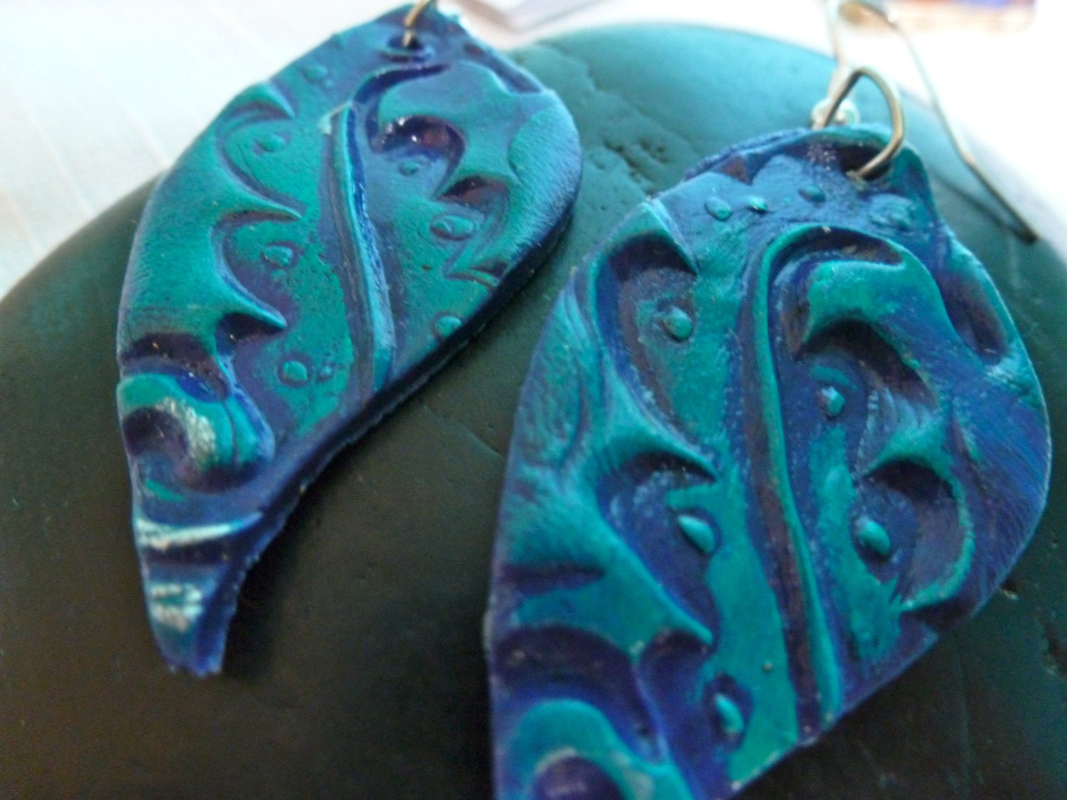 Reserved for K Peacock Earrings Curvy Teal Blues and Purples