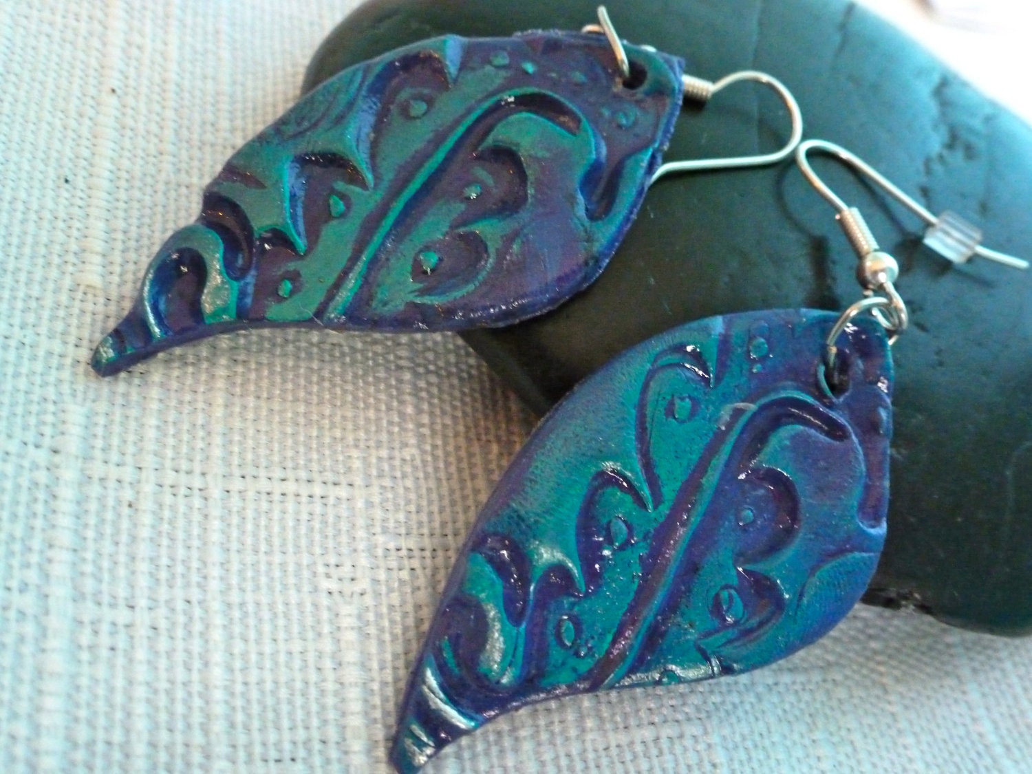 Reserved for K Peacock Earrings Curvy Teal Blues and Purples