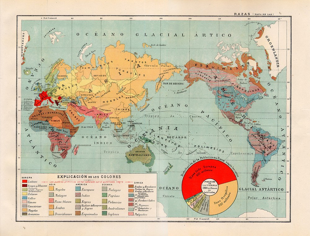 Vintage World Races Map 1938 Spanish Dictionary Vintage World Races Map 1938 Spanish Dictionary