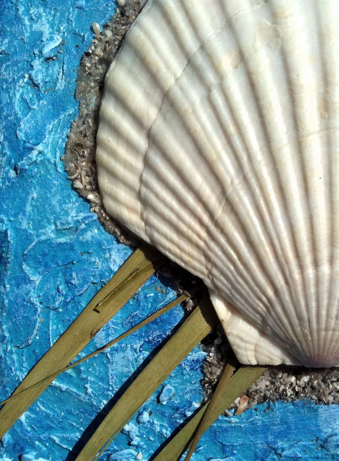 Real Sea Shell, Beach sand, and palm fronds with ocean blue, textured background home wall decor