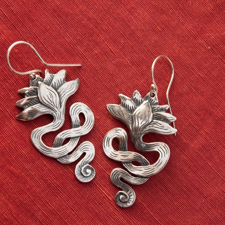Lotus Earrings/ long - sterling silver drop earrings