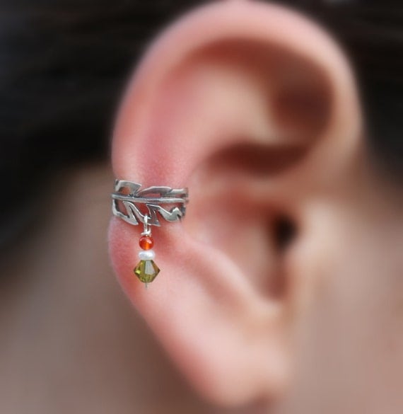 Ear Cuff Sterling Silver Handcrafted Leaf Textured Genuine pearl/Carnelian/Swarovsky Crystal Cartilage/catchless/helix
