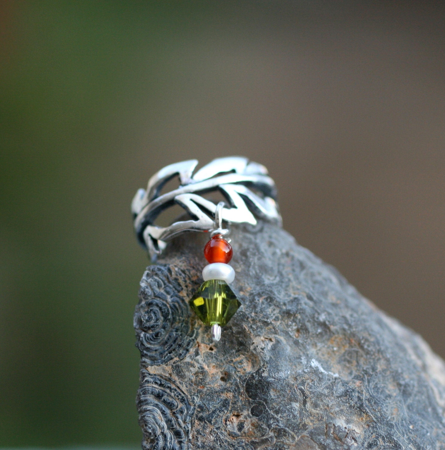 Ear Cuff Sterling Silver Handcrafted Leaf Textured Genuine pearl/Carnelian/Swarovsky Crystal Cartilage/catchless/helix