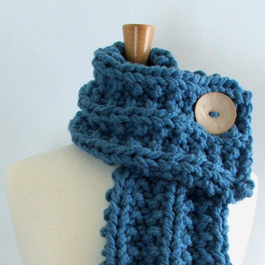 Chunky Knit Sky Blue Cowl Scarf with Large Cream Button