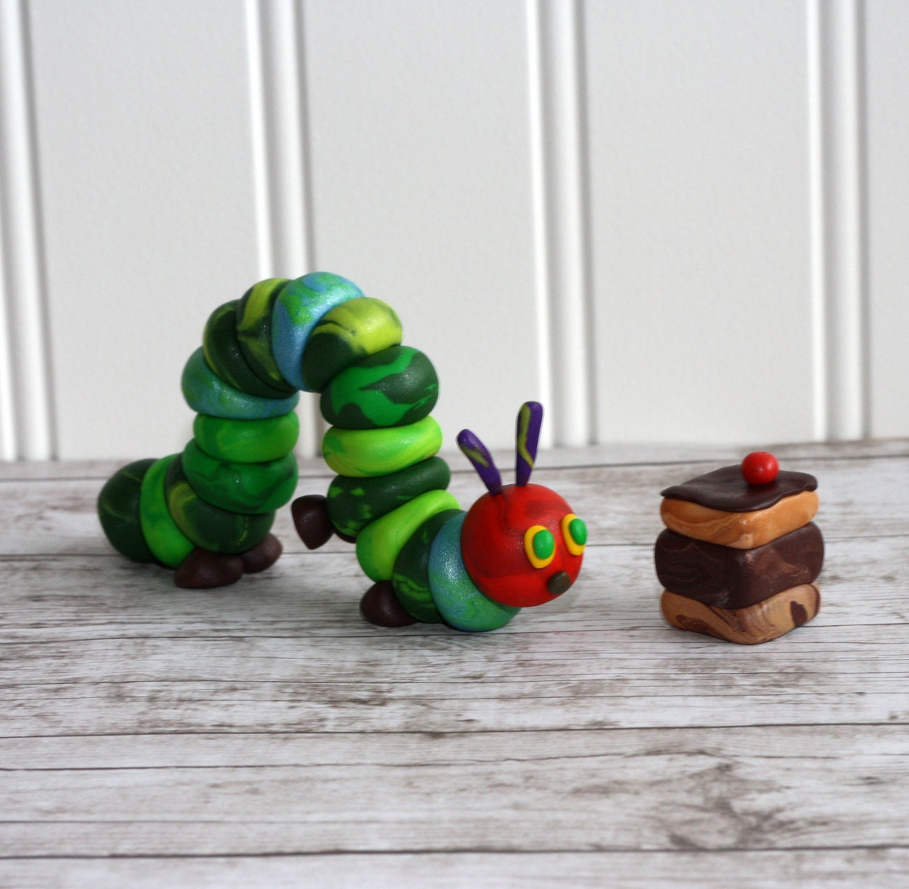 The Very Hungry Caterpillar with Chocolate Cake - Clay Birthday Cake Topper