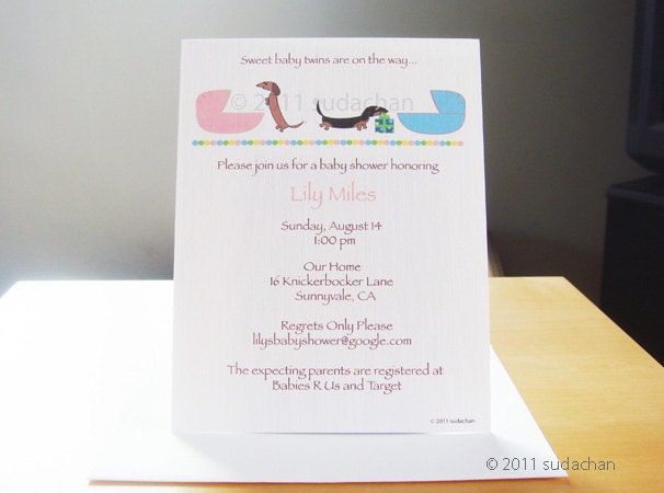 Dachshund Twin Baby Shower Invitations or Birth Announcements - Choose Your Color (Set of 10)