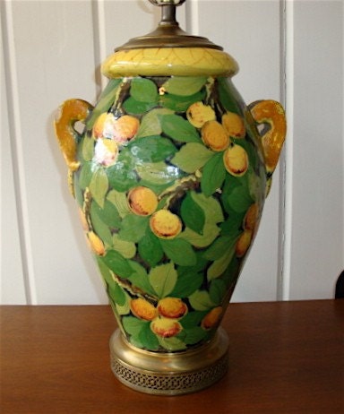 Ceramic Pottery Majolica Lamp, vintage Italian handpainted Lemons or Oranges