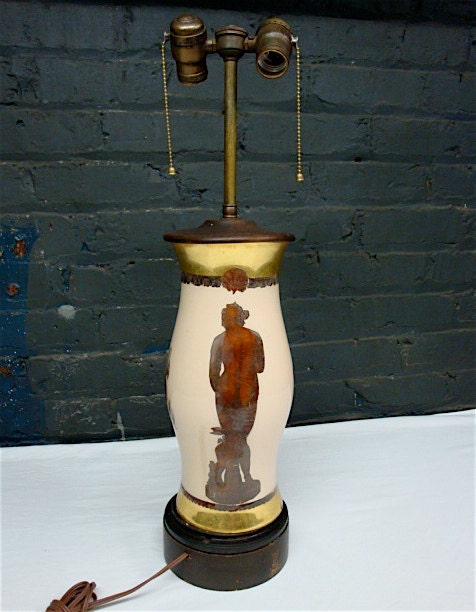 Antique Table Lamp Reverse Painted Glass, Decoupage Grecian Figures