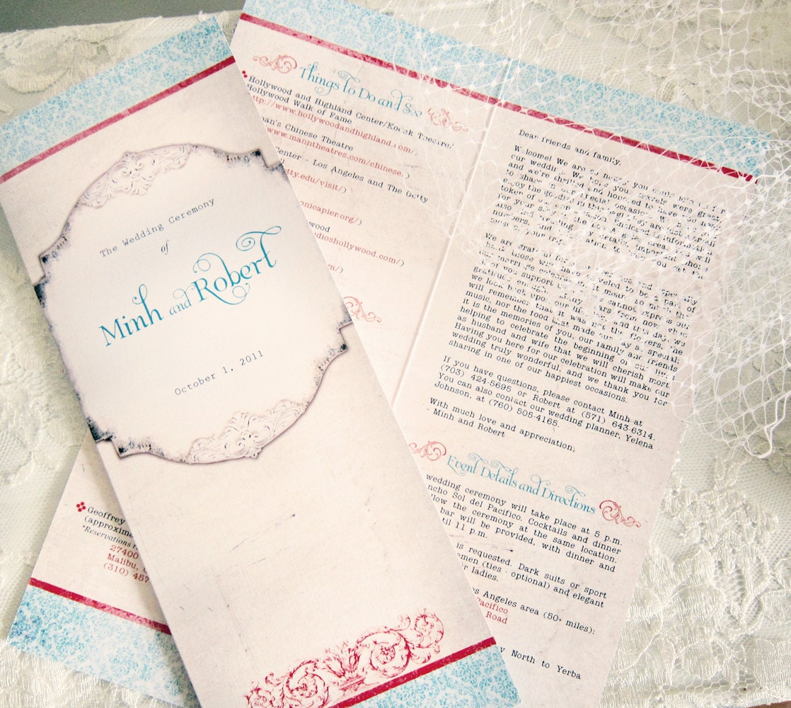 Vintage Wedding Programs - Chic French Poppy Red and Aqua Blue - DEPOSIT