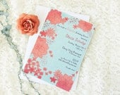 Floral Birthday Party Invitations or Shower Invitations. Distressed Poppy Red and Light Aqua Blue - DEPOSIT