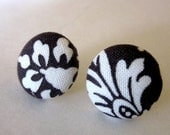 Brown & White damask fabric covered button earrings