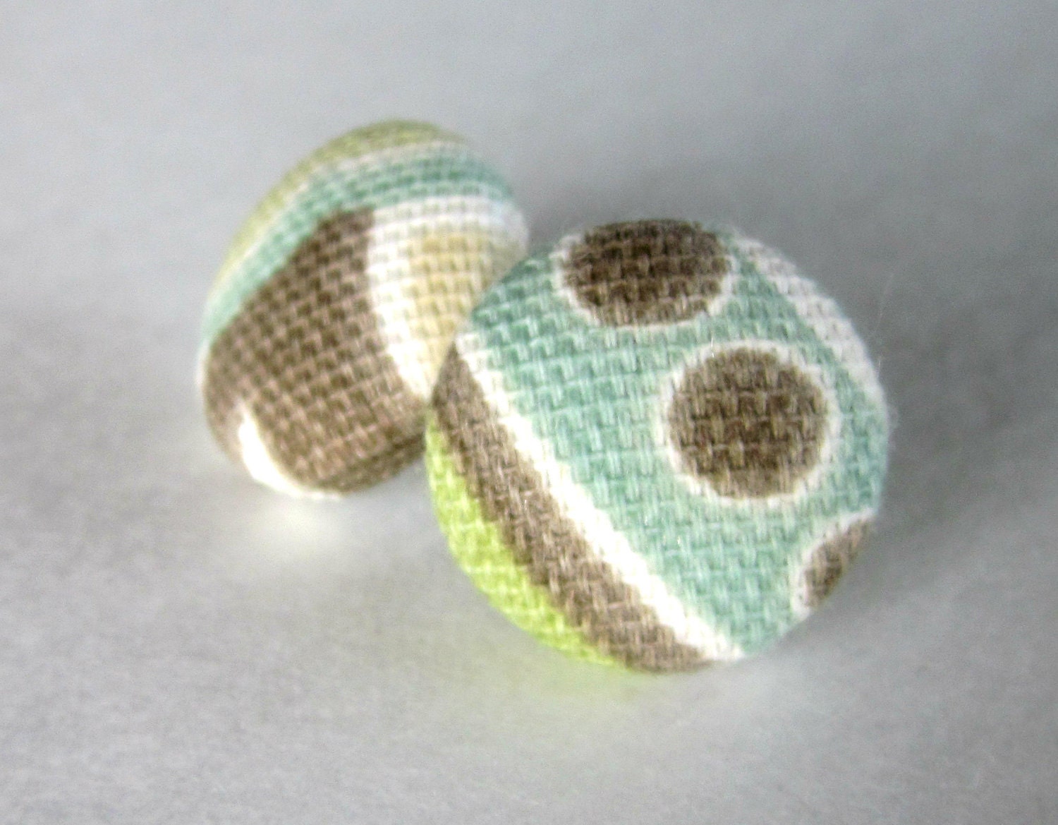 Blue, Green & Brown Patterned Fabric Covered Button Earrings