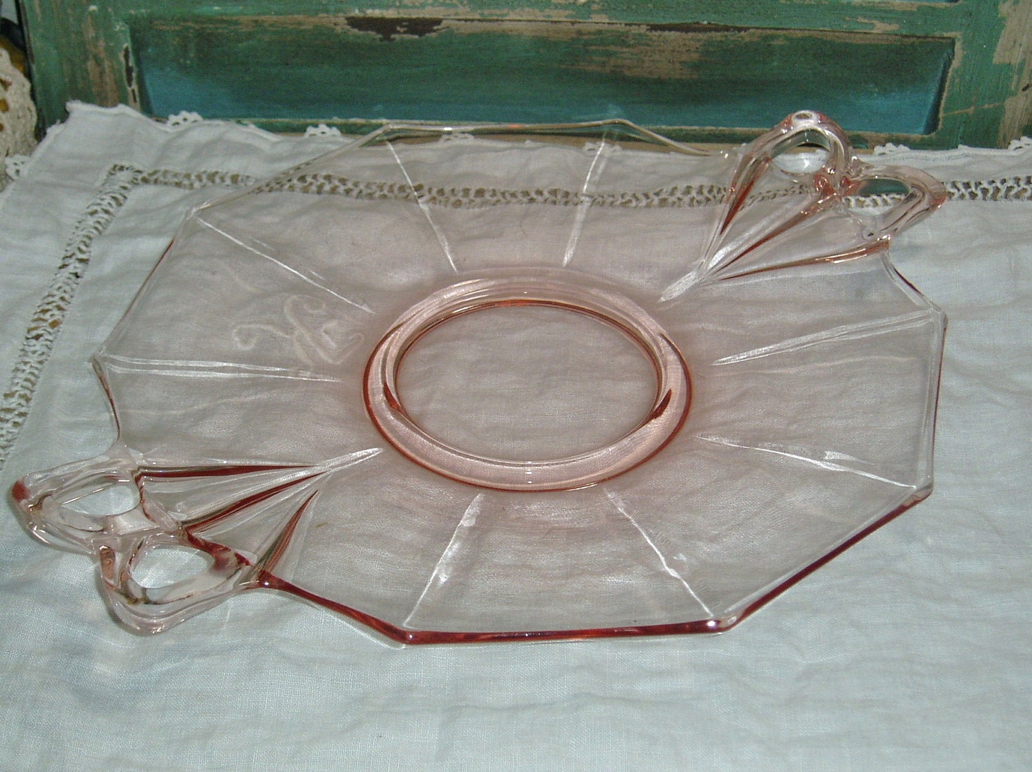 pink depression glass serving plate/platter by on Etsy