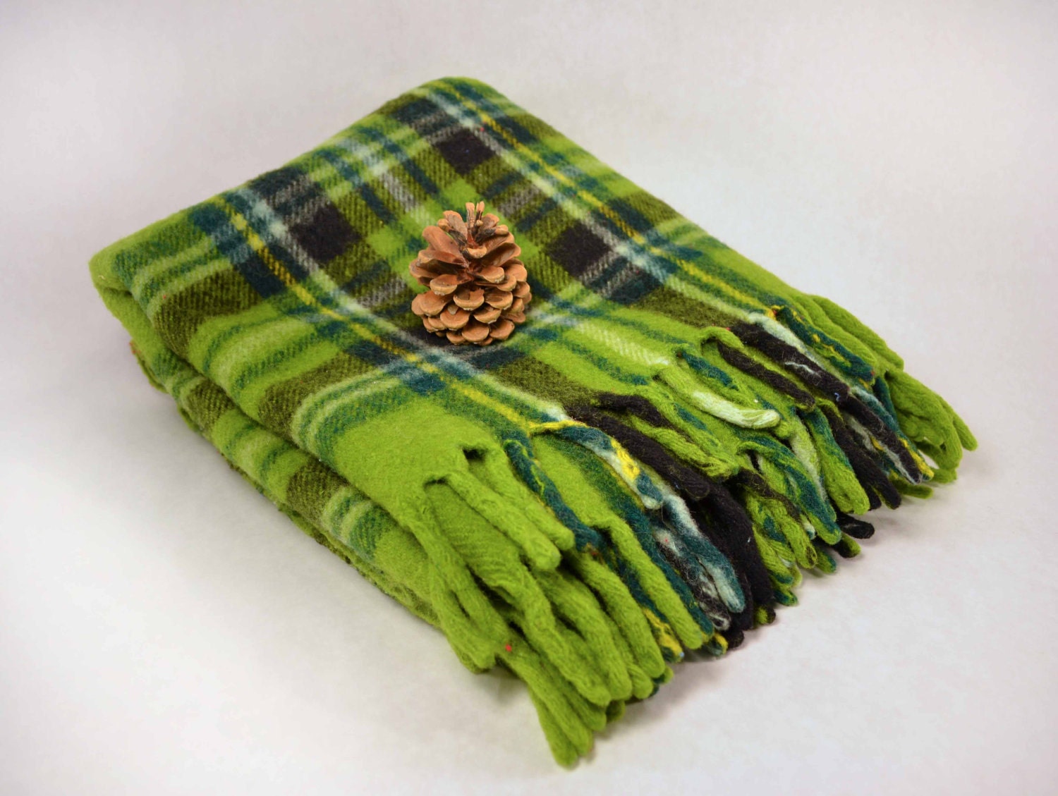 Vintage Wool Blanket Green Plaid Throw by VintageExpedition