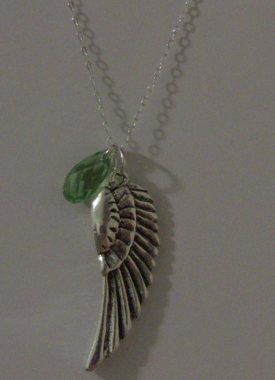 16" Silver Angel Wing Pendant with Peridot Swarovski Crystals