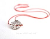 Sterling Silver Wire Nest Ball Necklace with Red Silk