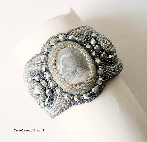 Reserved for Ashley - Bead embroidery cuff bracelet with crazy lace agate, freshwater pearls, rivoli crystals and seed beads -Silver rain