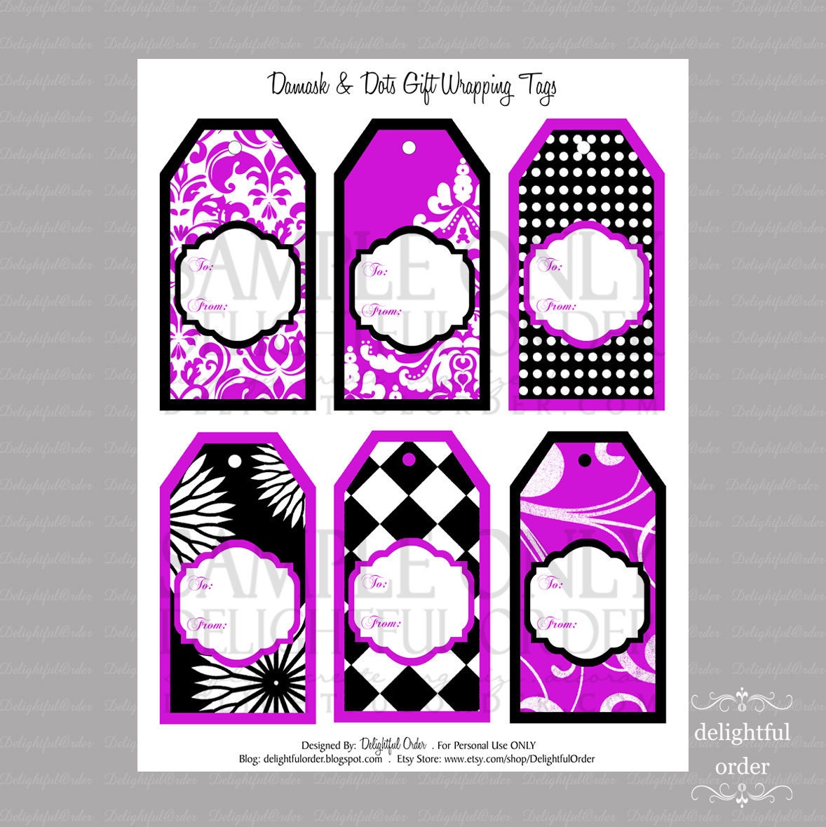 Damask & Dots Gift Tags - PDF Printable File