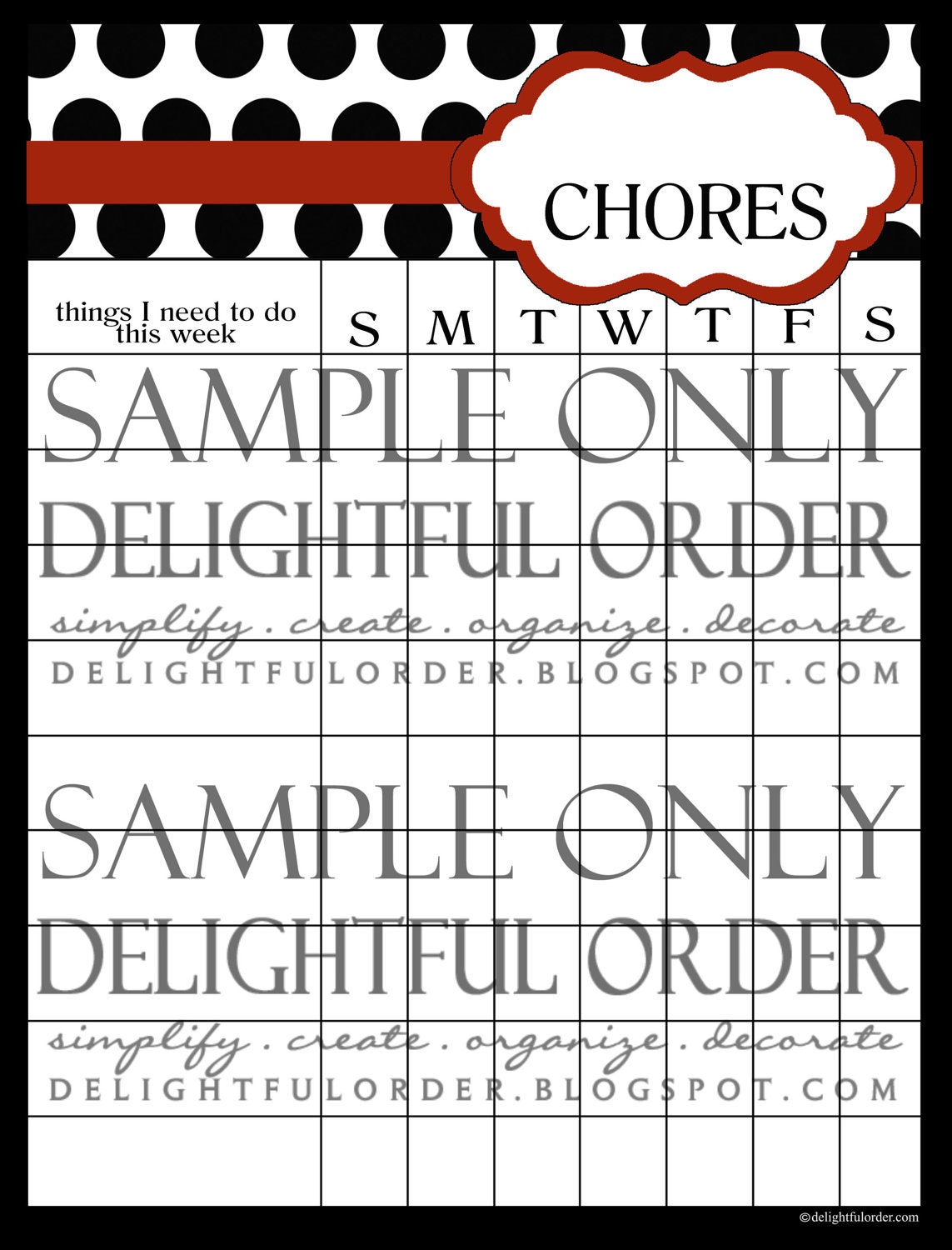 Child's Chore Chart - Choose Your Color - Printable PDF File