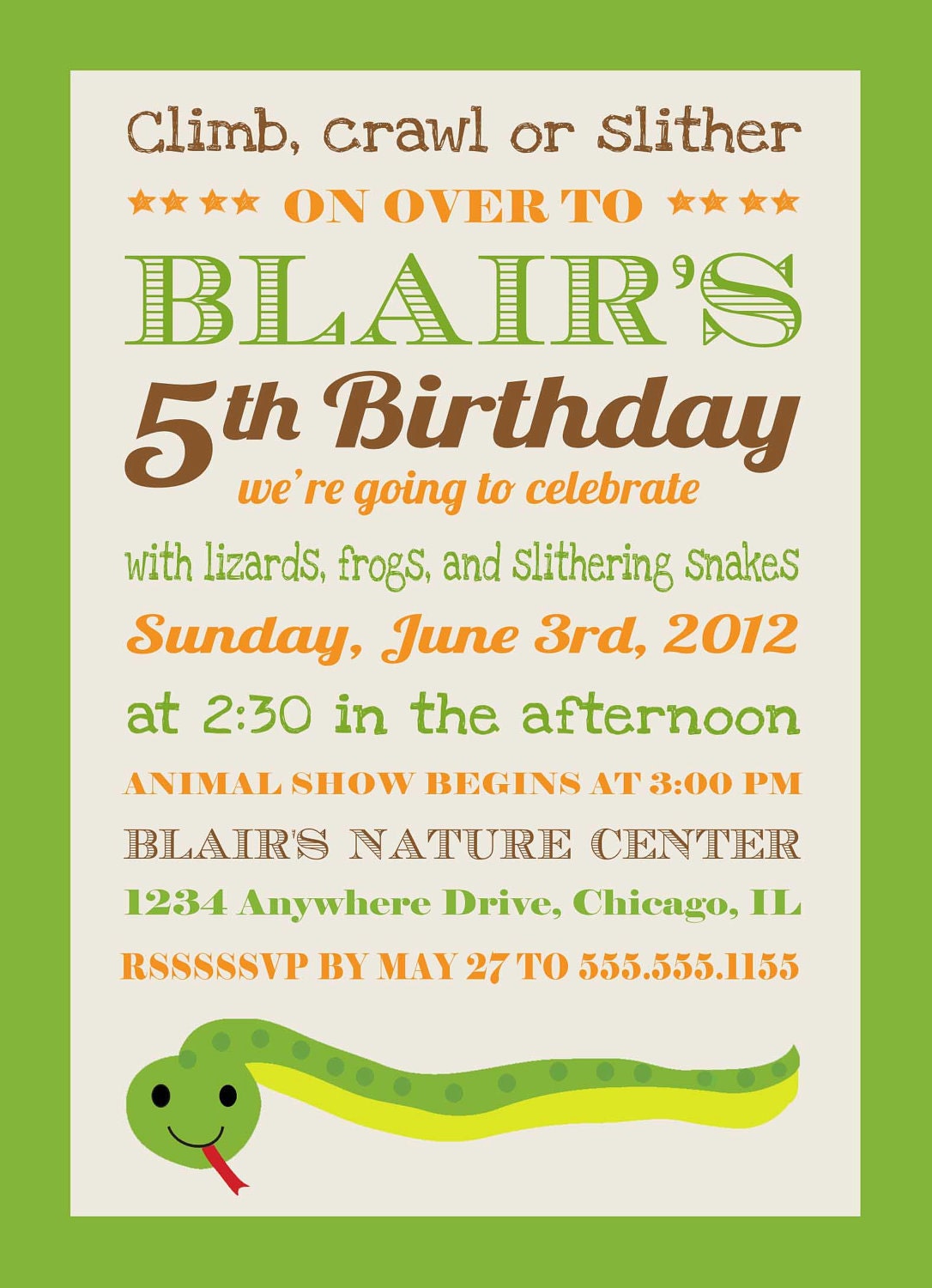 Alligator, Snake, Frog Birthday Invitation