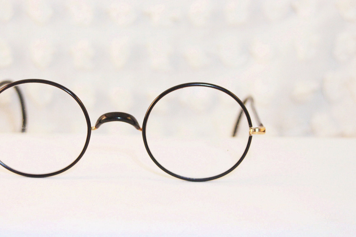 Round Black 1920's Eyeglasses Zyl Rubber Covered Wire Rim Authentic Wearable by Shuron Optical