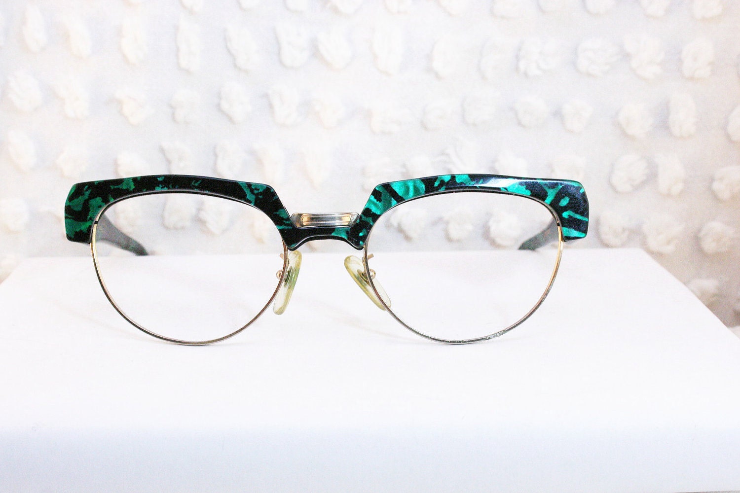 80s Glasses 1980s Browline Eyeglasses Green Tortoise Combination Gold Wire Rim 54/23 Optical Frame